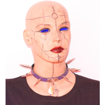 1 ROW LARGE SPIKE AND PADLOCK LEATHER CHOCKER - Purple