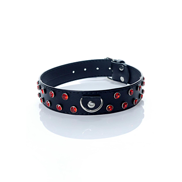 Fetish BDSM Collar with Red Crystals - 3 cm - Vegan Leather
