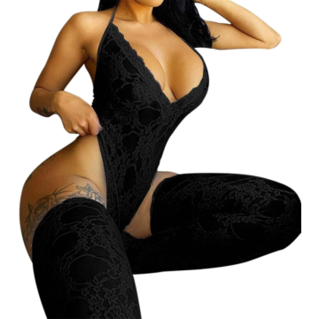 Sexy Deep V Neck Sexy Underwear Bodysuit - Stockings Set Black