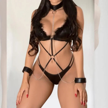 Patent Leather Hollow Chain One-Piece Sexy Bodysuit Black os