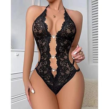 Sexy Heart-Shaped Lace Bodysuit Black