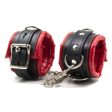 Deluxe Lockable Leather Wrist Cuffs Black-Red
