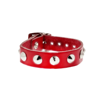 Red 1-Row Conical Studded Leather Bracelet with Buckle