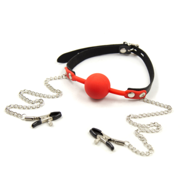 Silicone Ball Gag With Nipple Clamps Red