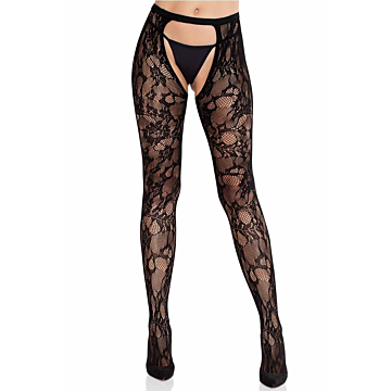 Rose Lace Crotchless Tights with Open Back - Black O/S